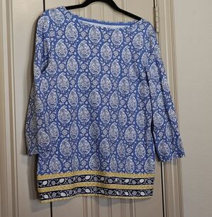 The Talbots Tee Talbots Blue Boho Paisley Print 95% Cotton Sz Petite Large